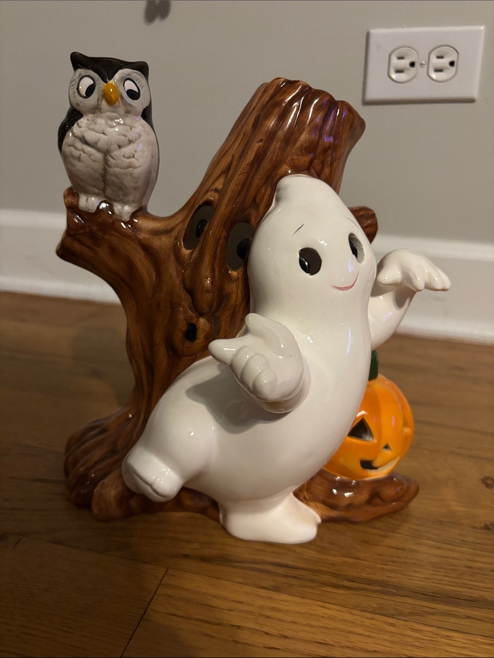Ceramic White Ghost Halloween Figurine with Brown Tree and Orange Pumpkin